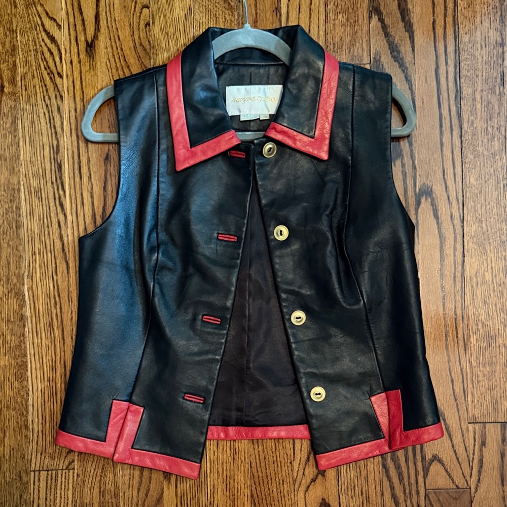 Stunning vintage Black Leather Vest with Red Trim Button Front